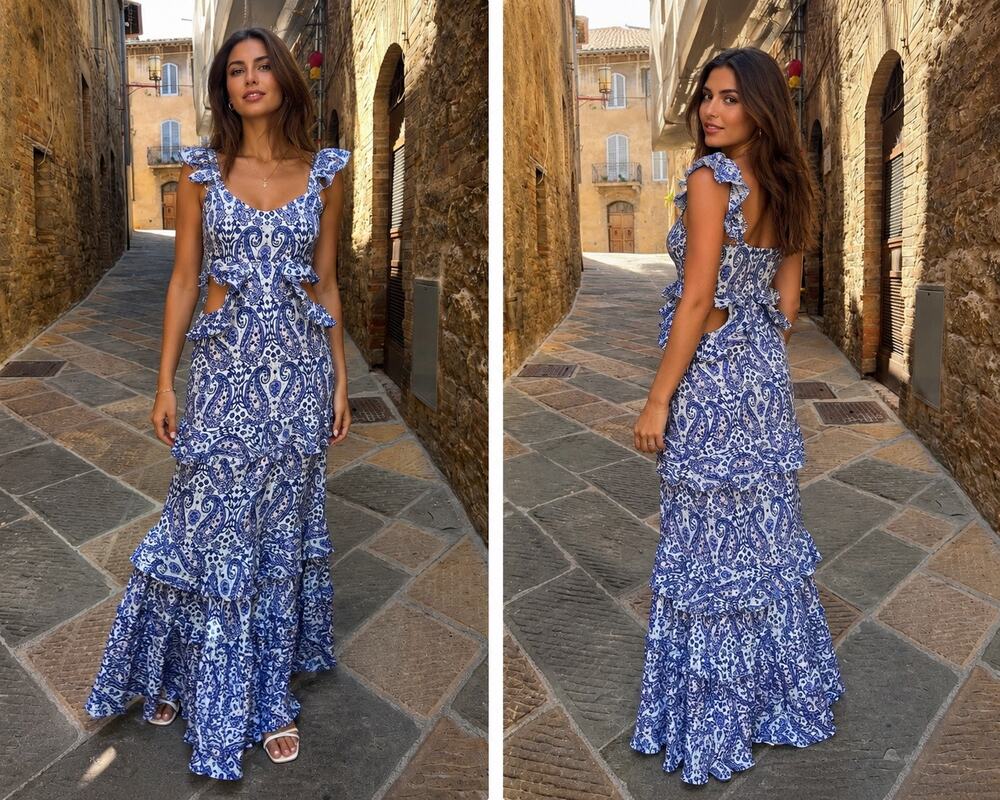 Simply Southern Women’s Blue Paisley Cutout Ruffle Maxi Dress Size M Boho - Picture 2 of 12